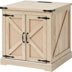 VEVOR Farmhouse End Table, Rectangle PE Rattan Woven Wood Coffee Table, 24-Inch Modern Boho Style Storage Coffee Table with Retro Metal Hinges, for Living Room, Bedroom & Small Spaces