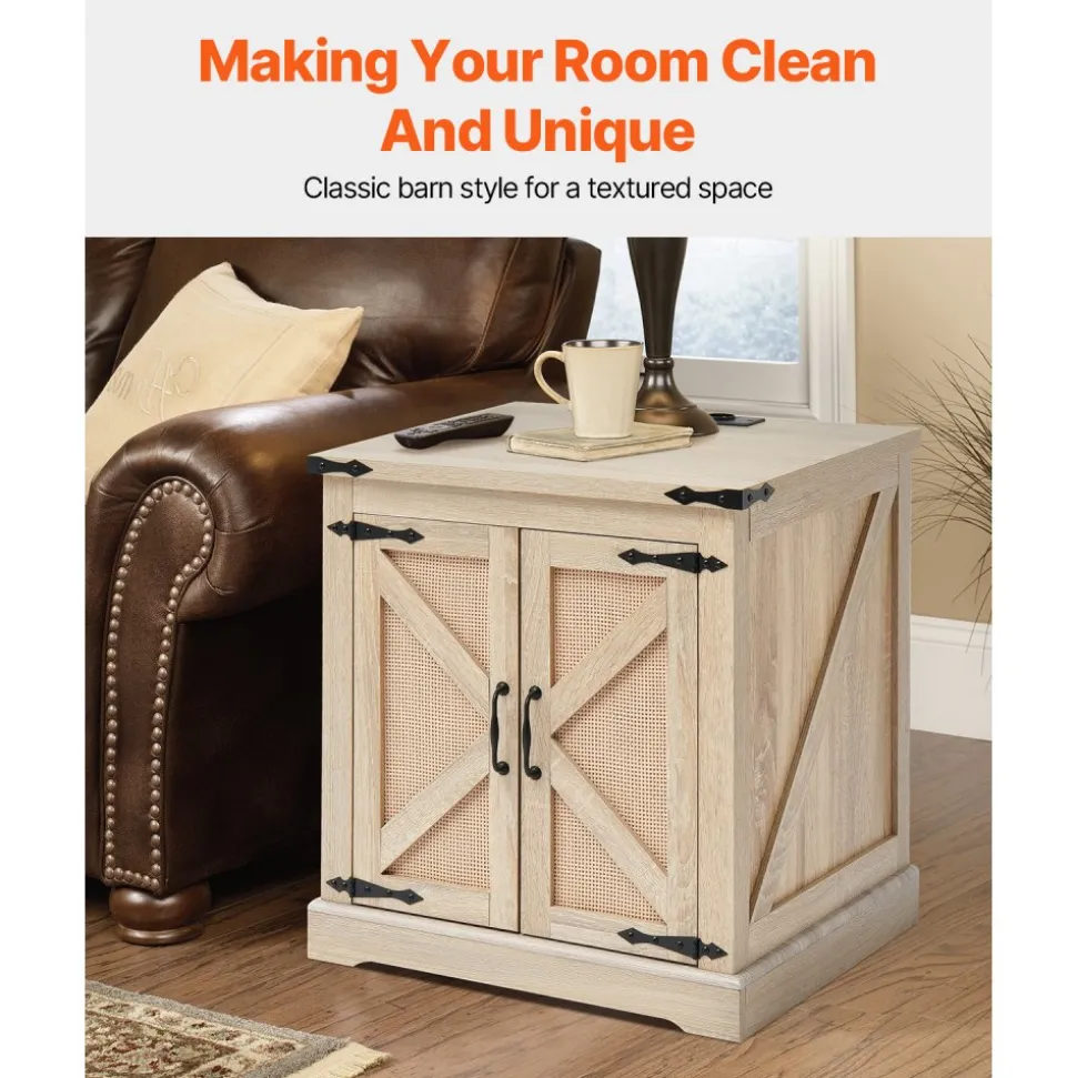 VEVOR Farmhouse End Table, Rectangle PE Rattan Woven Wood Coffee Table, 24-Inch Modern Boho Style Storage Coffee Table with Retro Metal Hinges, for Living Room, Bedroom & Small Spaces