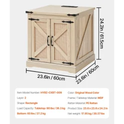VEVOR Farmhouse End Table, Rectangle PE Rattan Woven Wood Coffee Table, 24-Inch Modern Boho Style Storage Coffee Table with Retro Metal Hinges, for Living Room, Bedroom & Small Spaces