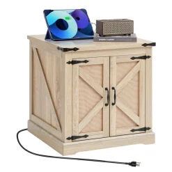 VEVOR Farmhouse End Table, Rectangle PE Rattan Woven Wood Coffee Table, 24-Inch Modern Boho Style Storage Coffee Table with Retro Metal Hinges, for Living Room, Bedroom & Small Spaces