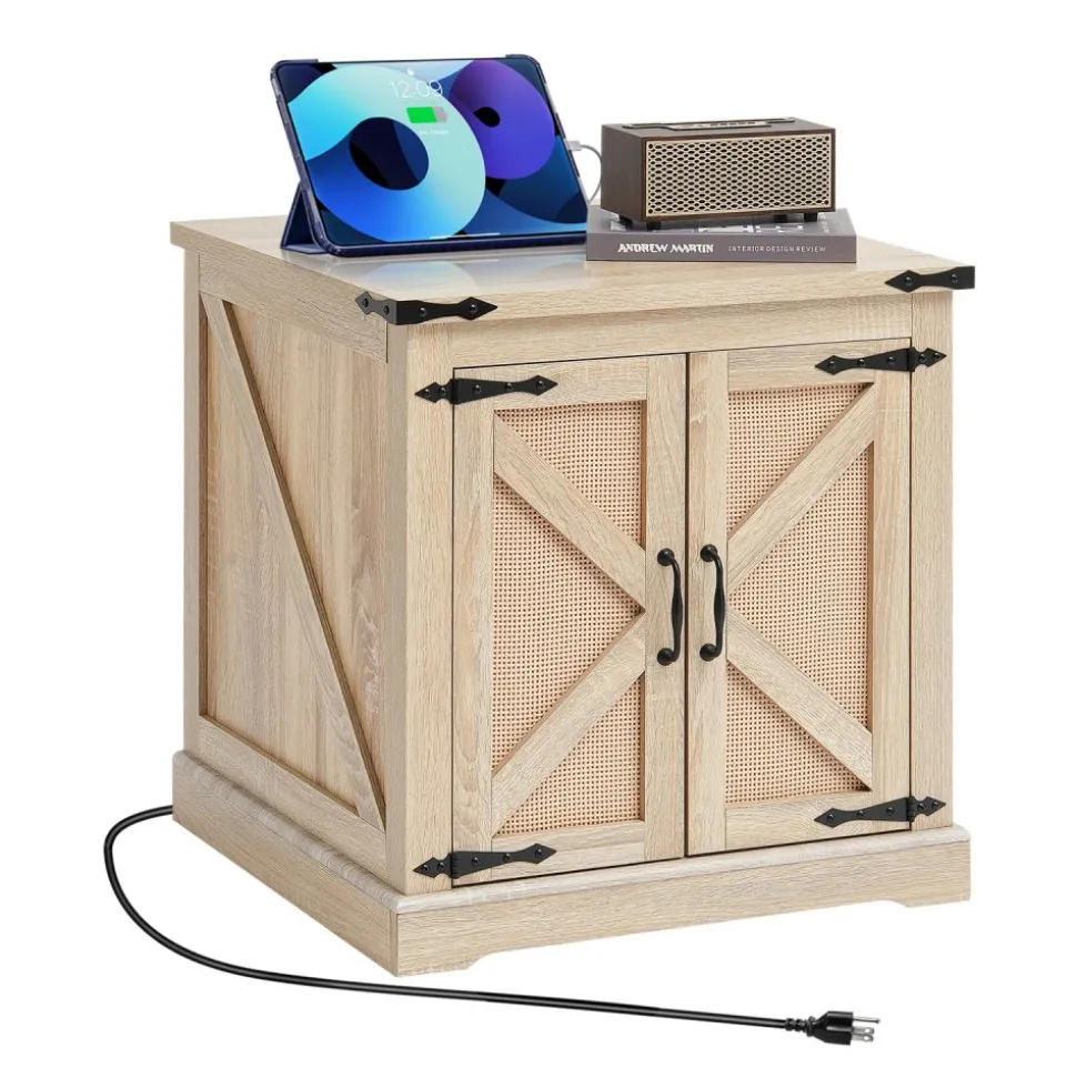 VEVOR Farmhouse End Table, Rectangle PE Rattan Woven Wood Coffee Table, 24-Inch Modern Boho Style Storage Coffee Table with Retro Metal Hinges, for Living Room, Bedroom & Small Spaces