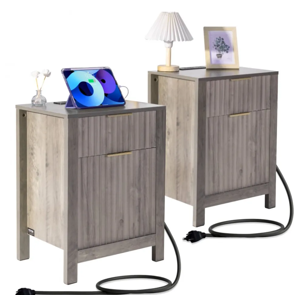 VEVOR Farmhouse End Table Set of 2, Nightstand with Charging Station, 3 Tiers Side Table with Storage Cabinet and 2 Drawers, Side Table with USB Ports and Outlets, Ideal for Living Room, Bedroom, Gray