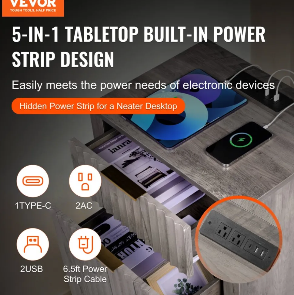 VEVOR Farmhouse End Table Set of 2, Nightstand with Charging Station, 3 Tiers Side Table with Storage Cabinet and 2 Drawers, Side Table with USB Ports and Outlets, Ideal for Living Room, Bedroom, Gray