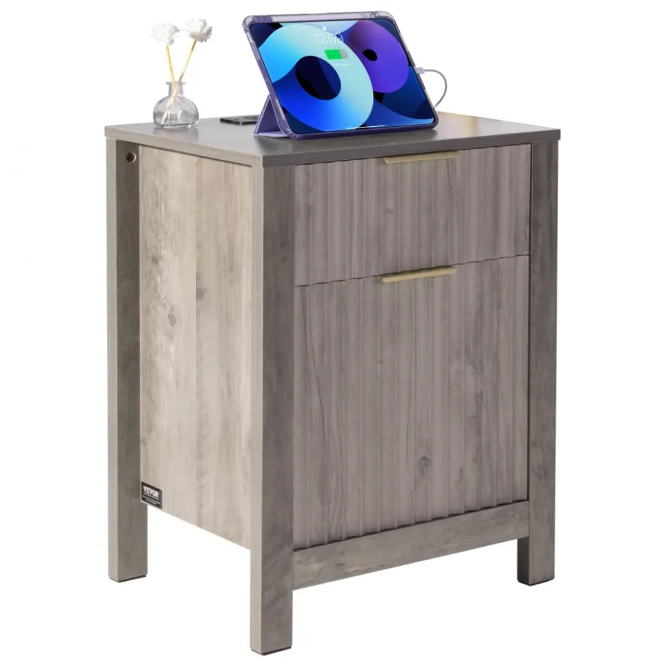 VEVOR Farmhouse End Table Set of 2, Nightstand with Charging Station, 3 Tiers Side Table with Storage Cabinet and 2 Drawers, Side Table with USB Ports and Outlets, Ideal for Living Room, Bedroom, Gray