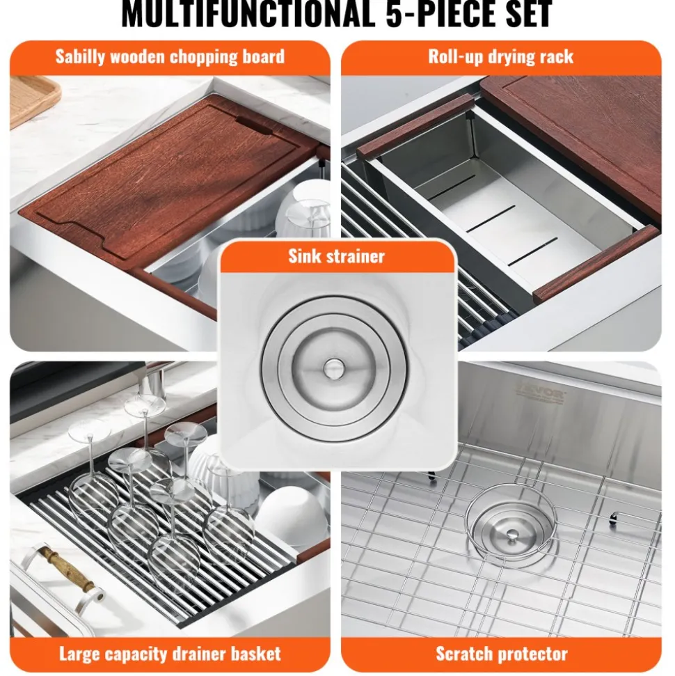 VEVOR Farmhouse Kitchen Sink, 304 Stainless Steel Drop-In Sinks, Top Mount Single Bowl Basin with Ledge & Accessories, Household Dishwasher Sinks for Workstation, Prep Kitchen, and Bar Sink, 30 inch