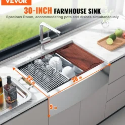 VEVOR Farmhouse Kitchen Sink, 304 Stainless Steel Drop-In Sinks, Top Mount Single Bowl Basin with Ledge & Accessories, Household Dishwasher Sinks for Workstation, Prep Kitchen, and Bar Sink, 30 inch