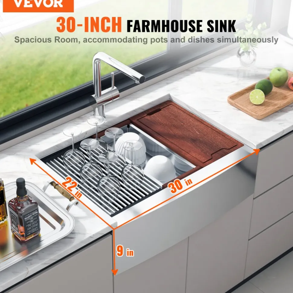VEVOR Farmhouse Kitchen Sink, 304 Stainless Steel Drop-In Sinks, Top Mount Single Bowl Basin with Ledge & Accessories, Household Dishwasher Sinks for Workstation, Prep Kitchen, and Bar Sink, 30 inch