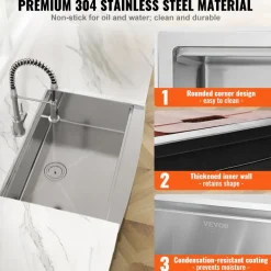 VEVOR Farmhouse Kitchen Sink, 304 Stainless Steel Drop-In Sinks, Top Mount Single Bowl Basin with Ledge & Accessories, Household Dishwasher Sinks for Workstation, Prep Kitchen, and Bar Sink, 30 inch