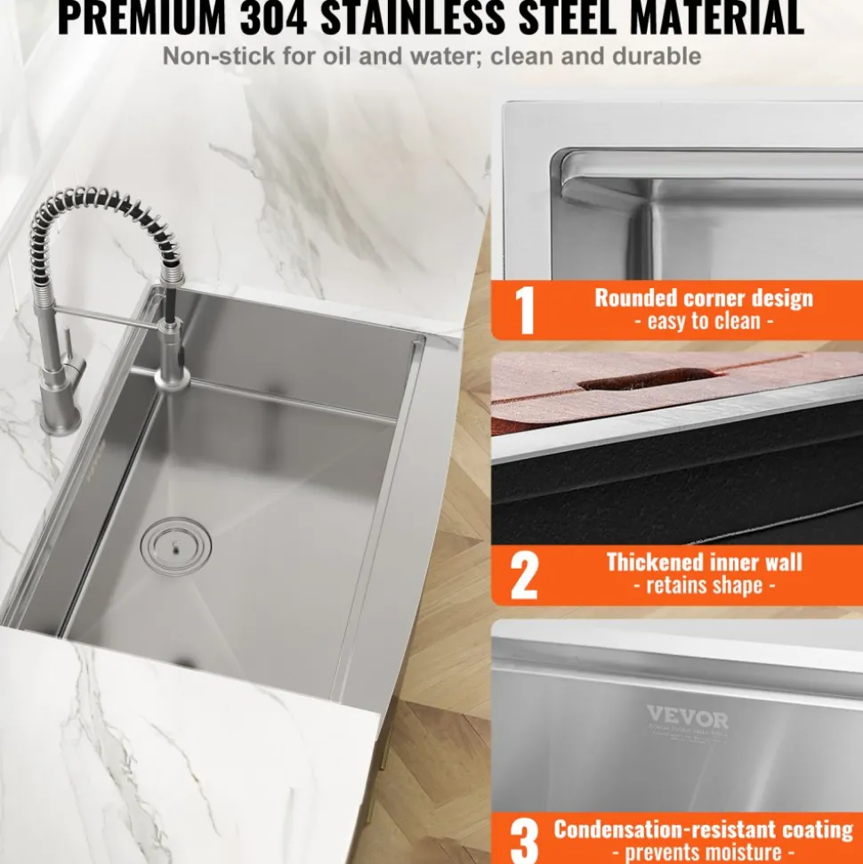 VEVOR Farmhouse Kitchen Sink, 304 Stainless Steel Drop-In Sinks, Top Mount Single Bowl Basin with Ledge & Accessories, Household Dishwasher Sinks for Workstation, Prep Kitchen, and Bar Sink, 36 inch