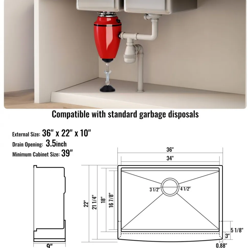 VEVOR Farmhouse Kitchen Sink, 304 Stainless Steel Drop-In Sinks, Top Mount Single Bowl Basin with Ledge & Accessories, Household Dishwasher Sinks for Workstation, Prep Kitchen, and Bar Sink, 36 inch