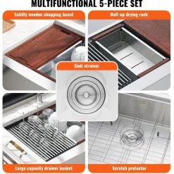 VEVOR Farmhouse Kitchen Sink, 304 Stainless Steel Drop-In Sinks, Top Mount Single Bowl Basin with Ledge & Accessories, Household Dishwasher Sinks for Workstation, Prep Kitchen, and Bar Sink, 36 inch