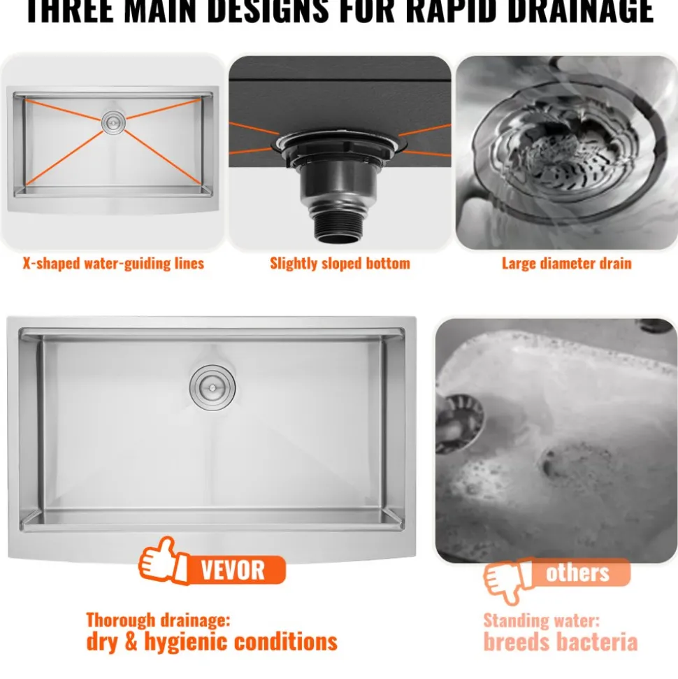 VEVOR Farmhouse Kitchen Sink, 304 Stainless Steel Drop-In Sinks, Top Mount Single Bowl Basin with Ledge & Accessories, Household Dishwasher Sinks for Workstation, Prep Kitchen, and Bar Sink, 36 inch