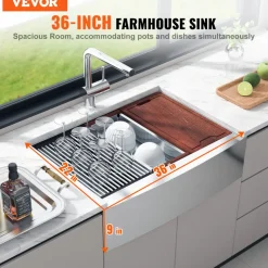 VEVOR Farmhouse Kitchen Sink, 304 Stainless Steel Drop-In Sinks, Top Mount Single Bowl Basin with Ledge & Accessories, Household Dishwasher Sinks for Workstation, Prep Kitchen, and Bar Sink, 36 inch