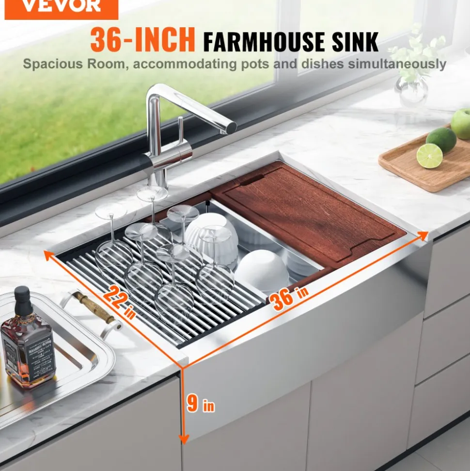 VEVOR Farmhouse Kitchen Sink, 304 Stainless Steel Drop-In Sinks, Top Mount Single Bowl Basin with Ledge & Accessories, Household Dishwasher Sinks for Workstation, Prep Kitchen, and Bar Sink, 36 inch