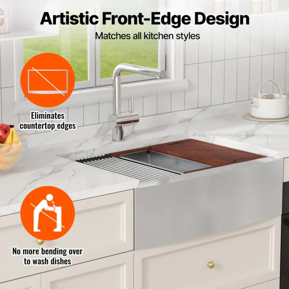 VEVOR Farmhouse Kitchen Sink, 304 Stainless Steel Drop-In Sinks, Top Mount Single Bowl Basin with Ledge & Accessories, Household Dishwasher Sinks for Workstation, Prep Kitchen, and Bar Sink, 33 inch