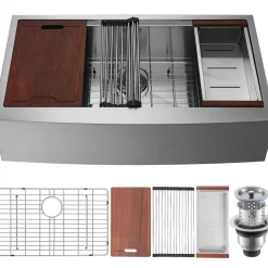 VEVOR Farmhouse Kitchen Sink, 304 Stainless Steel Drop-In Sinks, Top Mount Single Bowl Basin with Ledge & Accessories, Household Dishwasher Sinks for Workstation, Prep Kitchen, and Bar Sink, 33 inch