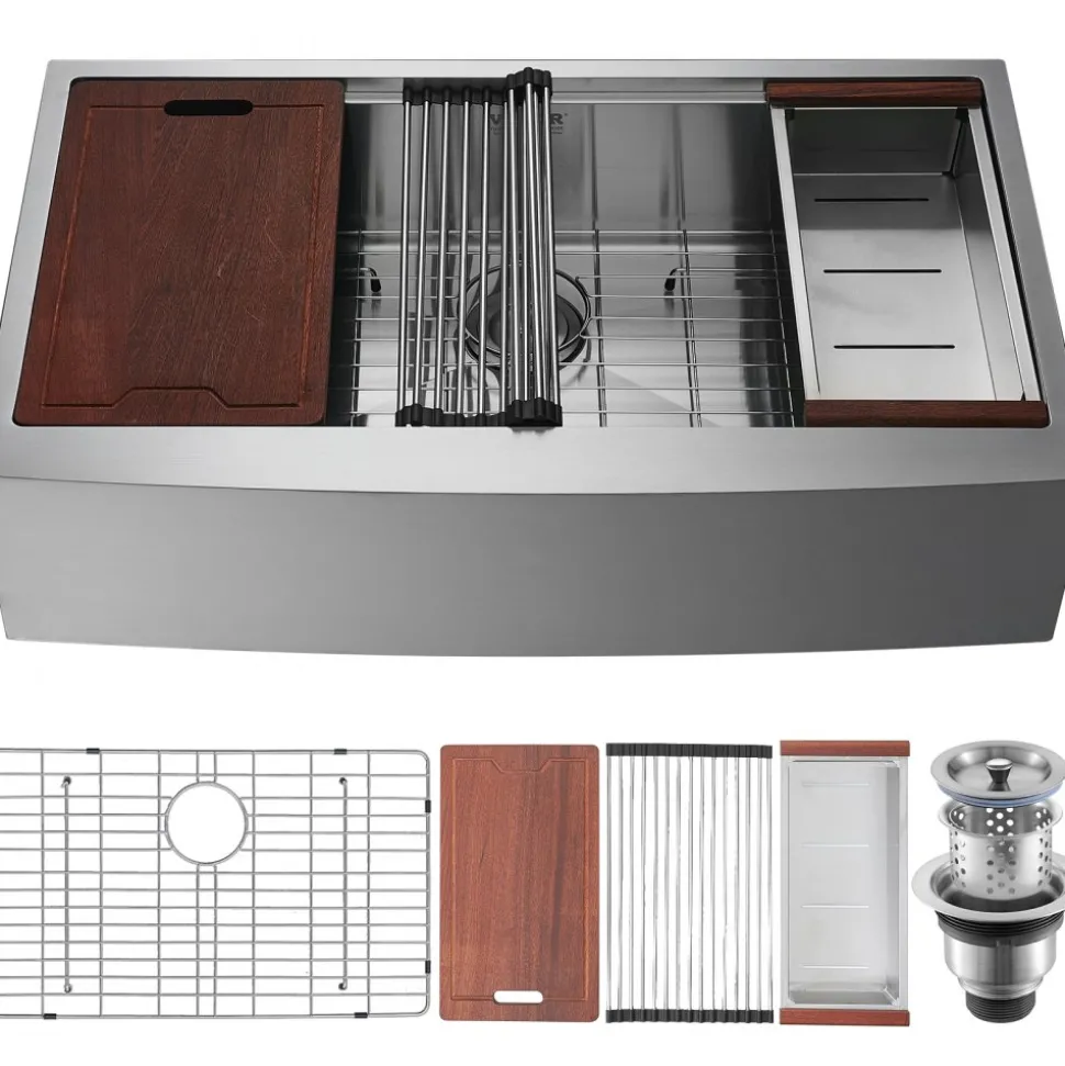 VEVOR Farmhouse Kitchen Sink, 304 Stainless Steel Drop-In Sinks, Top Mount Single Bowl Basin with Ledge & Accessories, Household Dishwasher Sinks for Workstation, Prep Kitchen, and Bar Sink, 33 inch