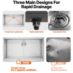 VEVOR Farmhouse Kitchen Sink, 304 Stainless Steel Drop-In Sinks, Top Mount Single Bowl Basin with Ledge & Accessories, Household Dishwasher Sinks for Workstation, Prep Kitchen, and Bar Sink, 33 inch