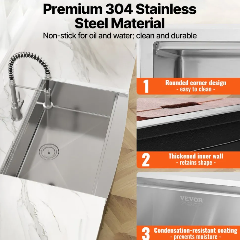 VEVOR Farmhouse Kitchen Sink, 304 Stainless Steel Drop-In Sinks, Top Mount Single Bowl Basin with Ledge & Accessories, Household Dishwasher Sinks for Workstation, Prep Kitchen, and Bar Sink, 33 inch