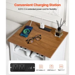 VEVOR Farmhouse Nightstands, with Charging Station, Set of 2, End Tables with 2 Drawers and Open Shelf, Bedside Storage Cabinets, Rustic Side Tables with USB Port, for Bedroom, Living Room, White