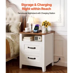 VEVOR Farmhouse Nightstand, with Charging Station, End Table with 2 Drawers and Open Shelf, Bedside Storage Cabinet, Rustic Side Table with USB Port and AC Outlets, for Bedroom, Living Room, White