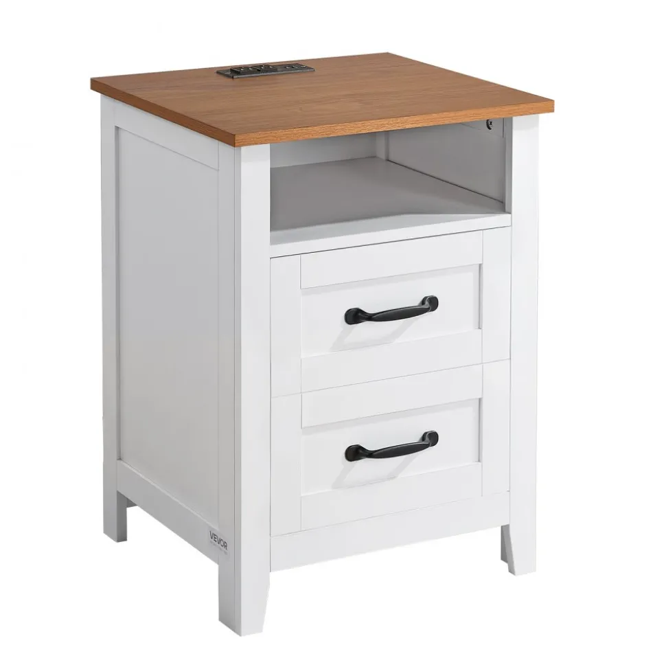 VEVOR Farmhouse Nightstand, with Charging Station, End Table with 2 Drawers and Open Shelf, Bedside Storage Cabinet, Rustic Side Table with USB Port and AC Outlets, for Bedroom, Living Room, White