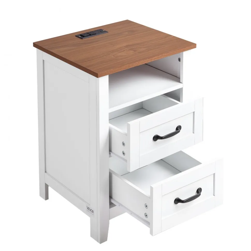VEVOR Farmhouse Nightstand, with Charging Station, End Table with 2 Drawers and Open Shelf, Bedside Storage Cabinet, Rustic Side Table with USB Port and AC Outlets, for Bedroom, Living Room, White