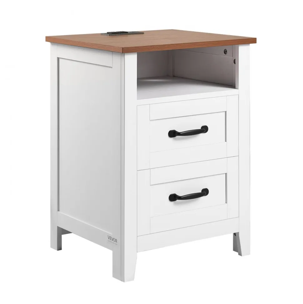 VEVOR Farmhouse Nightstand, with Charging Station, End Table with 2 Drawers and Open Shelf, Bedside Storage Cabinet, Rustic Side Table with USB Port and AC Outlets, for Bedroom, Living Room, White