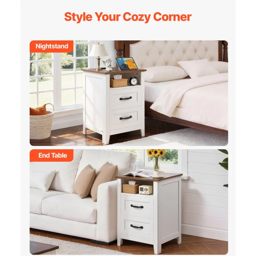 VEVOR Farmhouse Nightstand, with Charging Station, End Table with 2 Drawers and Open Shelf, Bedside Storage Cabinet, Rustic Side Table with USB Port and AC Outlets, for Bedroom, Living Room, White