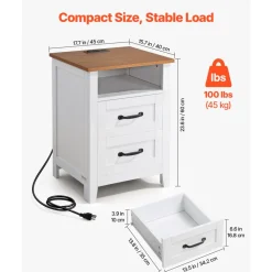 VEVOR Farmhouse Nightstand, with Charging Station, End Table with 2 Drawers and Open Shelf, Bedside Storage Cabinet, Rustic Side Table with USB Port and AC Outlets, for Bedroom, Living Room, White