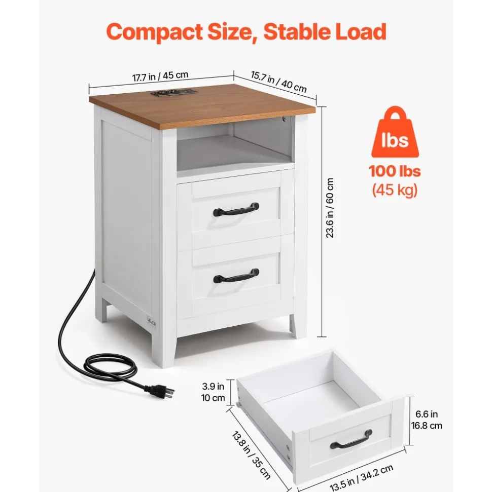VEVOR Farmhouse Nightstand, with Charging Station, End Table with 2 Drawers and Open Shelf, Bedside Storage Cabinet, Rustic Side Table with USB Port and AC Outlets, for Bedroom, Living Room, White