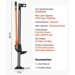 VEVOR Farm Jack, 48" Utility High Lift Farm Jack, 3.18 Ton (7,000 lbs) Capacity Ratcheting Off Road Utility Jacks, Heavy-Duty Lift Jacks with 5.12"-42.5" Lifting Range for Tractor, Truck, SUV