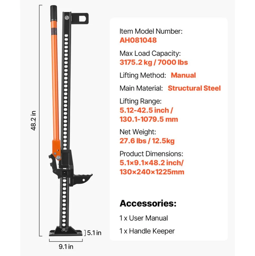 VEVOR Farm Jack, 48" Utility High Lift Farm Jack, 3.18 Ton (7,000 lbs) Capacity Ratcheting Off Road Utility Jacks, Heavy-Duty Lift Jacks with 5.12"-42.5" Lifting Range for Tractor, Truck, SUV