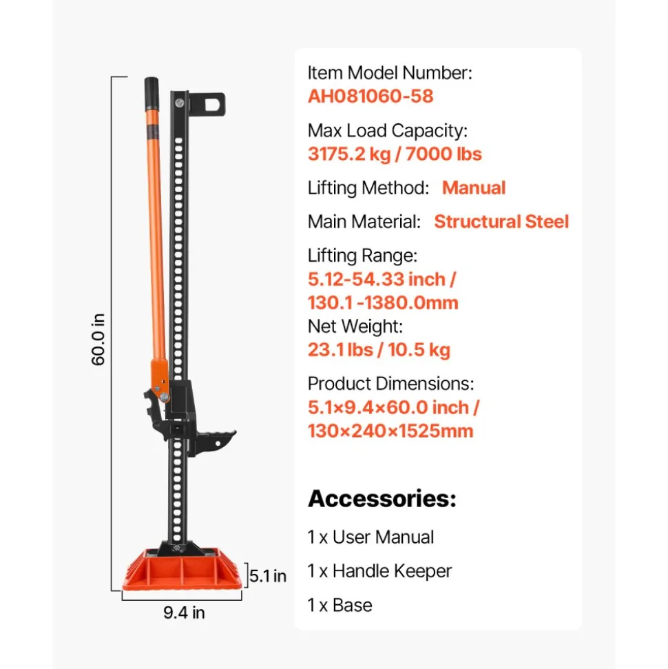 VEVOR Farm Jack with Base, 60" Utility High Lift Farm Jack, 3.18 Ton (7,000 lbs) Capacity Ratcheting Off Road Utility Jacks, Heavy-Duty Lift Jacks with 5.12"-54.33" Lifting Range for Tractor, Truck, SUV