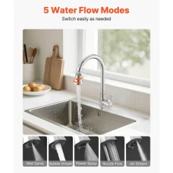 VEVOR Faucet Aerator, 360° Swivel Kitchen Sink Aerator, 5-Function 5-Flow Sink Sprayer Attachment, Bathroom Faucet Extender Head Replacement for 15/16 inch Female Thread with Adapter & 55/64 inch Male