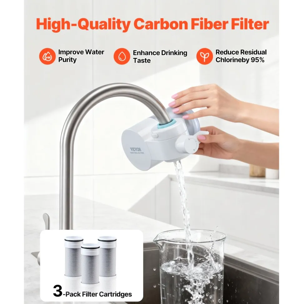 VEVOR Faucet Filter Replacement, 3-Pack Water-Filter Cartridge, 5-Layer High-Efficiency Filtration, 3-Month Value and 317 Gal Lifespan / Filter, Compatible with Models 8807 & 8811 Filtration System