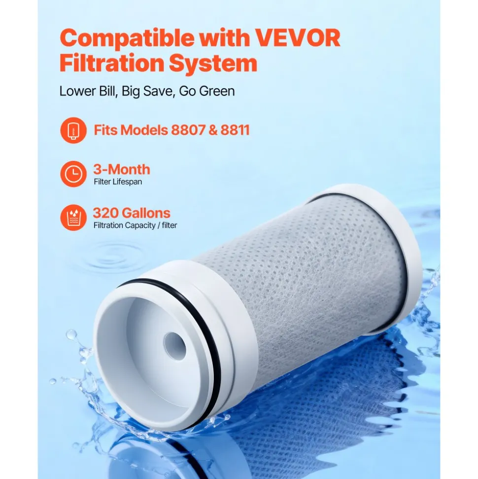 VEVOR Faucet Filter Replacement, 3-Pack Water-Filter Cartridge, 5-Layer High-Efficiency Filtration, 3-Month Value and 317 Gal Lifespan / Filter, Compatible with Models 8807 & 8811 Filtration System