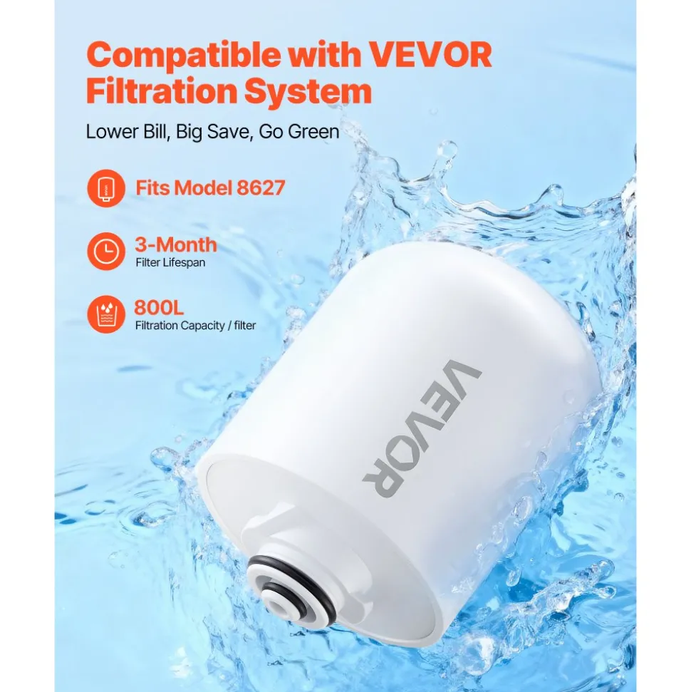 VEVOR Faucet Filter Replacement, 2-Pack Water-Filter Cartridge, 6-Layer High-Efficiency Filtration, 3-Month Value and 211 Gallon Long Lifespan / Filter, Compatible with Model 8627 Filtration System