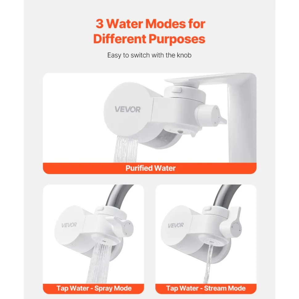 VEVOR Faucet Mount Water Filter, Vertical Water Purifier for Sink Tap, Carbon Fiber Filter, Removes Chlorine Lead with 3 Filters, Fits Most Kitchen or Bathroom Faucets, White