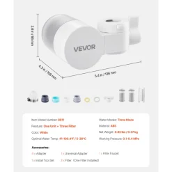 VEVOR Faucet Mount Water Filter, Vertical Water Purifier for Sink Tap, Carbon Fiber Filter, Removes Chlorine Lead with 3 Filters, Fits Most Kitchen or Bathroom Faucets, White