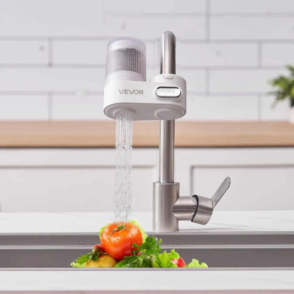 VEVOR Faucet Mount Water Filter, Vertical Water Purifier for Sink Tap, Carbon Fiber Filters, Removes Chlorine Lead with 1 Filter, Fits Most Kitchen or Bathroom Faucets, White