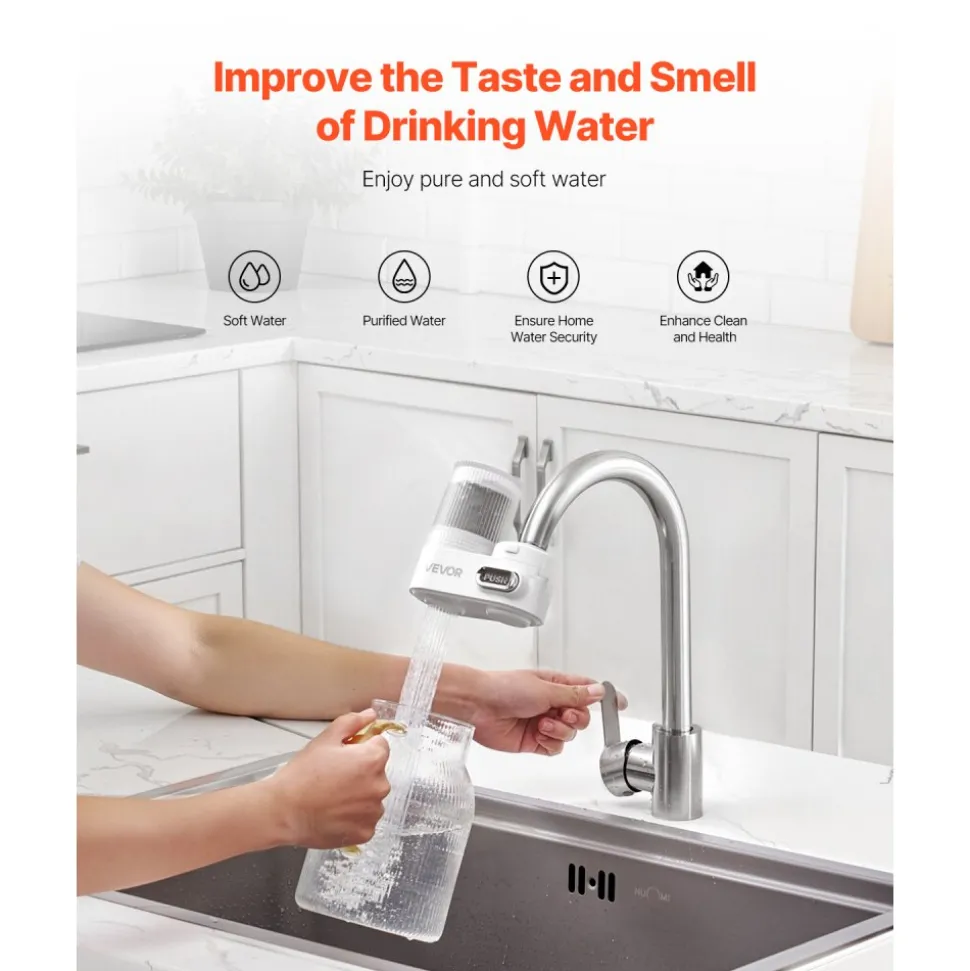 VEVOR Faucet Mount Water Filter, Vertical Water Purifier for Sink Tap, Carbon Fiber Filters, Removes Chlorine Lead with 1 Filter, Fits Most Kitchen or Bathroom Faucets, White