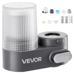 VEVOR Faucet Mount Water Filter, Vertical Water Purifier for Sink Tap, Carbon Fiber Filter, Removes Chlorine Lead with 3 Filters, Fits Most Kitchen or Bathroom Faucets, Gray