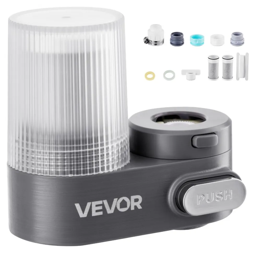 VEVOR Faucet Mount Water Filter, Vertical Water Purifier for Sink Tap, Carbon Fiber Filter, Removes Chlorine Lead with 3 Filters, Fits Most Kitchen or Bathroom Faucets, Gray