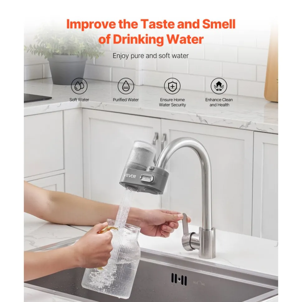 VEVOR Faucet Mount Water Filter, Vertical Water Purifier for Sink Tap, Carbon Fiber Filter, Removes Chlorine Lead with 3 Filters, Fits Most Kitchen or Bathroom Faucets, Gray