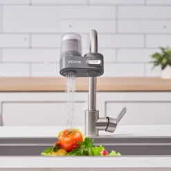 VEVOR Faucet Mount Water Filter, Vertical Water Purifier for Sink Tap, Carbon Fiber Filter, Removes Chlorine Lead with 3 Filters, Fits Most Kitchen or Bathroom Faucets, Gray