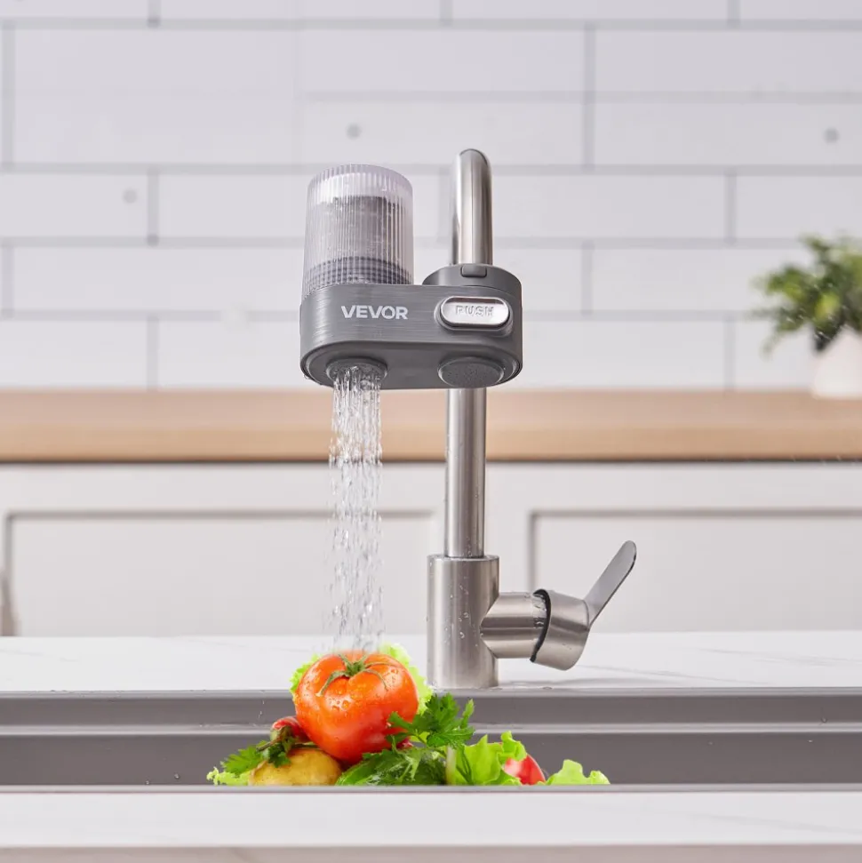 VEVOR Faucet Mount Water Filter, Vertical Water Purifier for Sink Tap, Carbon Fiber Filter, Removes Chlorine Lead with 3 Filters, Fits Most Kitchen or Bathroom Faucets, Gray