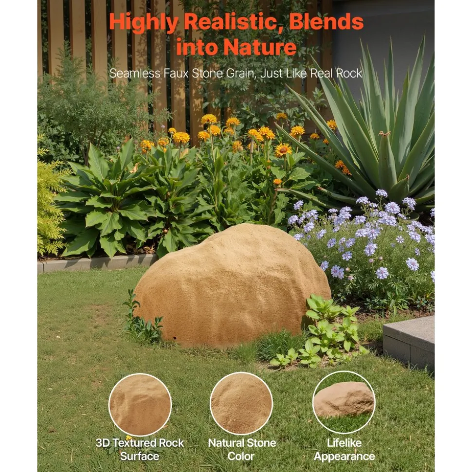 VEVOR Faux Rock Cover, Outdoor Fake Rock Well Pump Cover, Realistic Natural Texture, Lightweight & Weather-Resistant Polyresin Artificial Boulder for Landscaping Garden Yard Décor, Grey, Medium Size