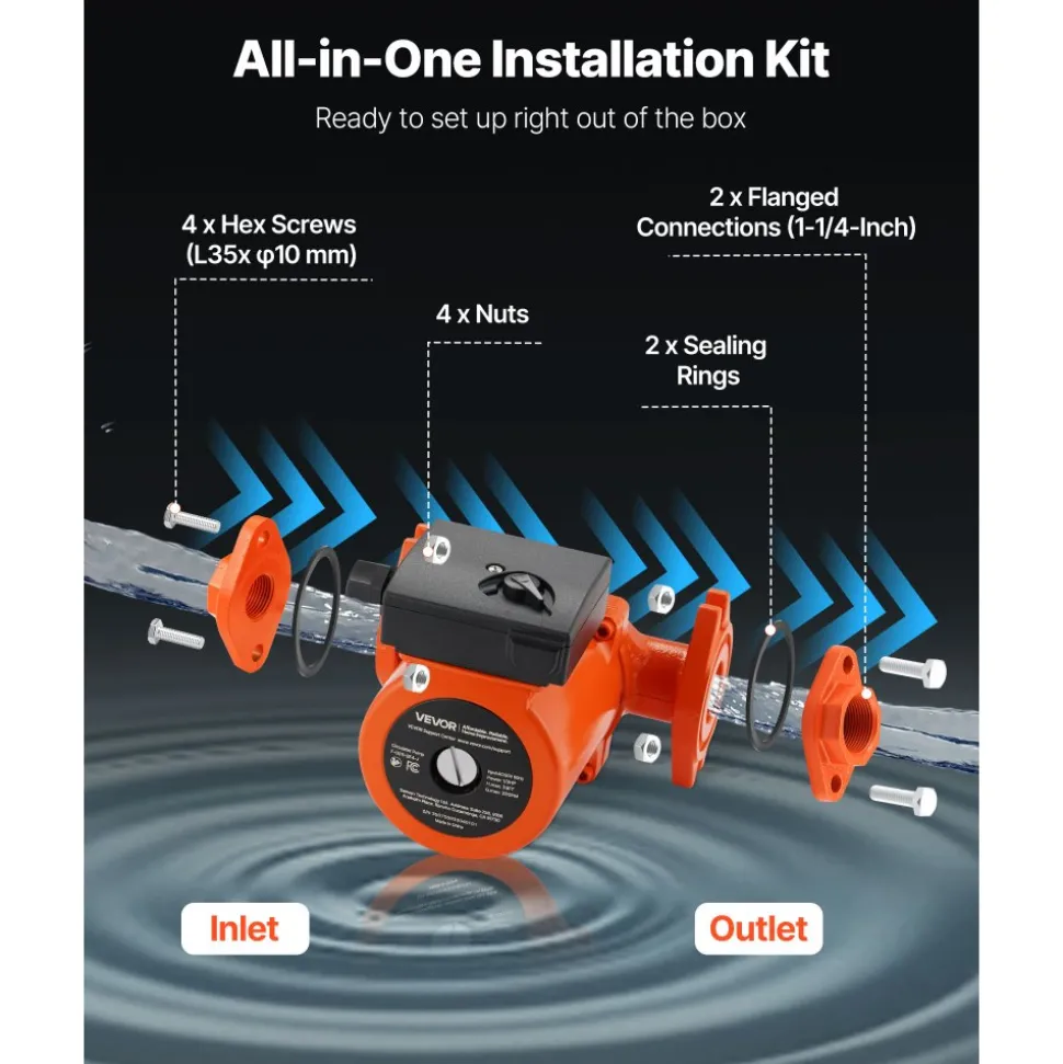 VEVOR F-0011-BF4-J Cast Iron Circulator Pump, 33 GPM, AC 120V 33 ft Hot Water Recirculating Circulation Pump, 1-1/4 in Flange Connection, 3-Speed Adjustment, Quiet Operation, for Home Heating System