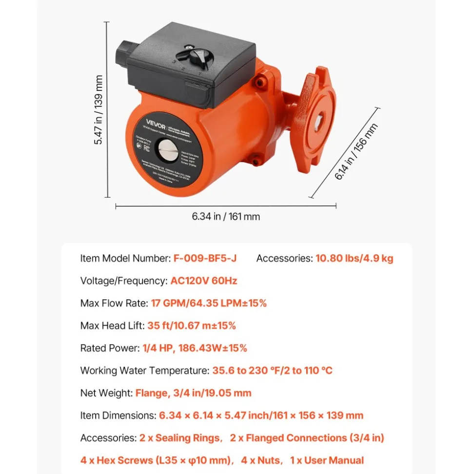 VEVOR F-009-BF5-J Cast Iron Circulator Pump, 17 GPM, AC 120V 35 ft Hot Water Recirculating Circulation Pump, 3/4-Inch Flange Connection, 3-Speed Adjustment, Quiet Operation, for Home Heating System